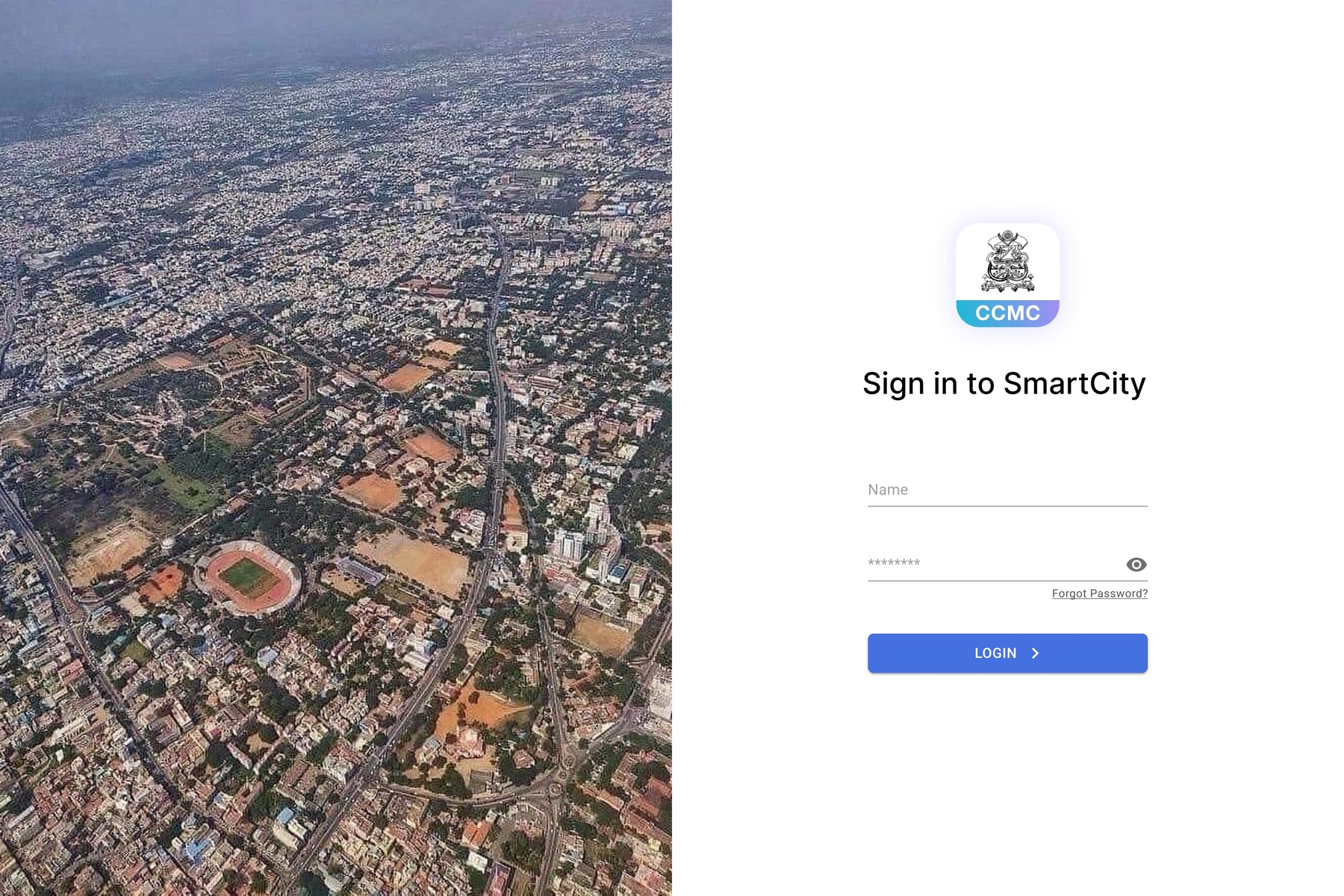 Sign in to SmartCity: the CCMC dashboard login with an aerial photo of Coimbatore