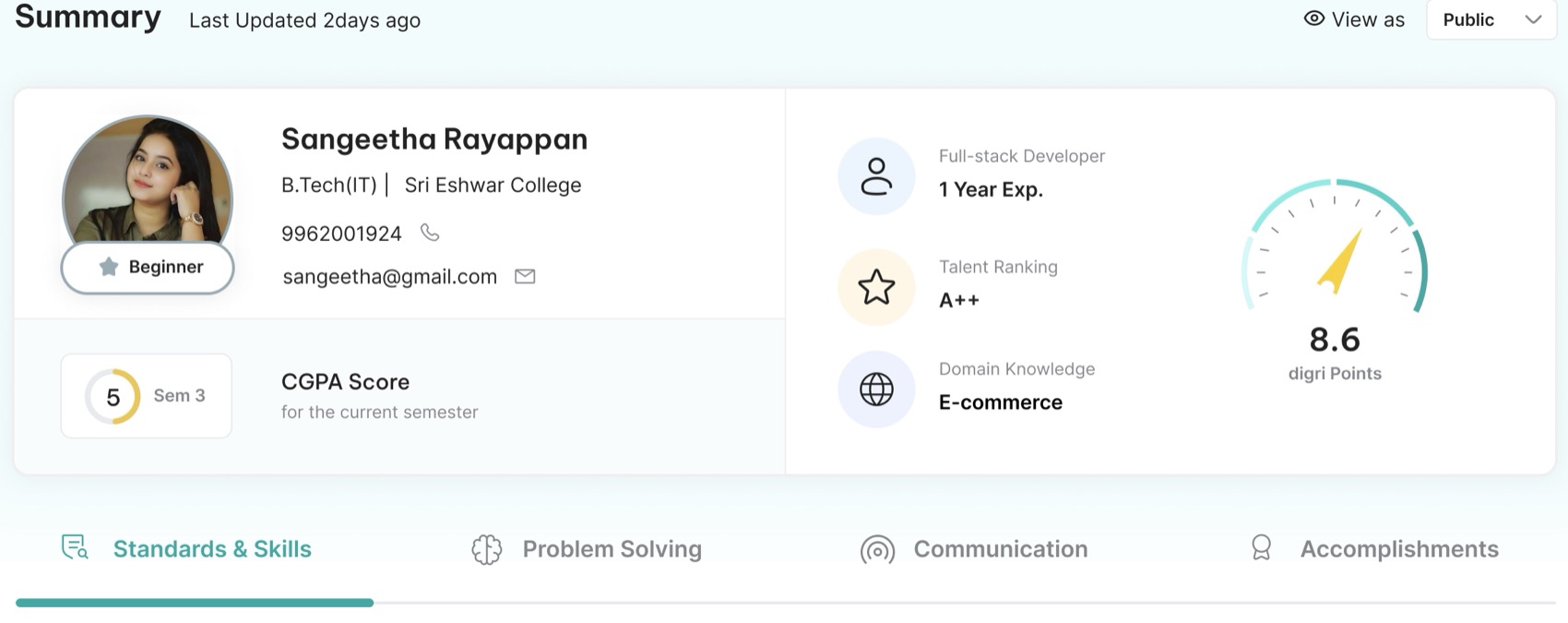 The digital profile header: summary with last updated two days ago, a view as public control, the student's name, college, CGPA, full-stack developer with one year experience, talent ranking A++, domain knowledge, 8.6 digri points, and four tabs for standards and skills, problem solving, communication and accomplishments