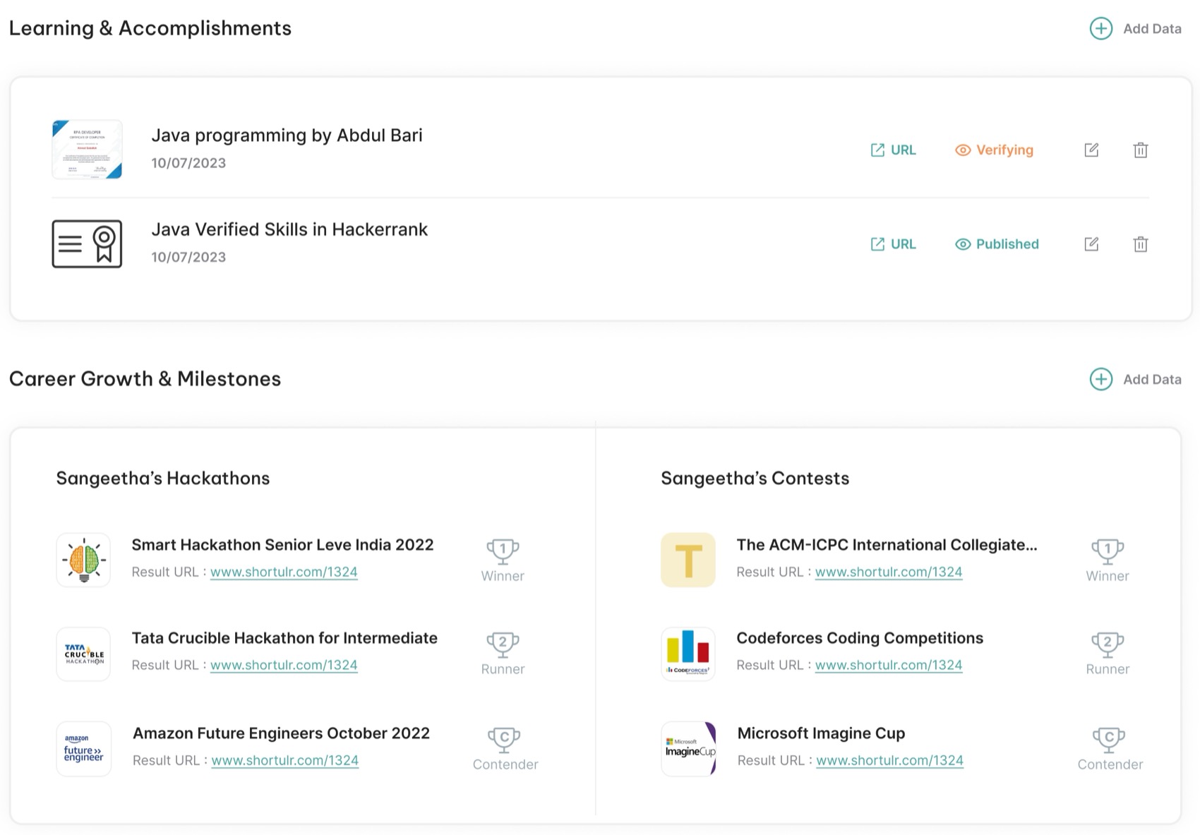 Accomplishments tab: certificates listed with a URL and either a verifying or published state, and hackathons and contests each with a result URL and a placing of winner, runner or contender