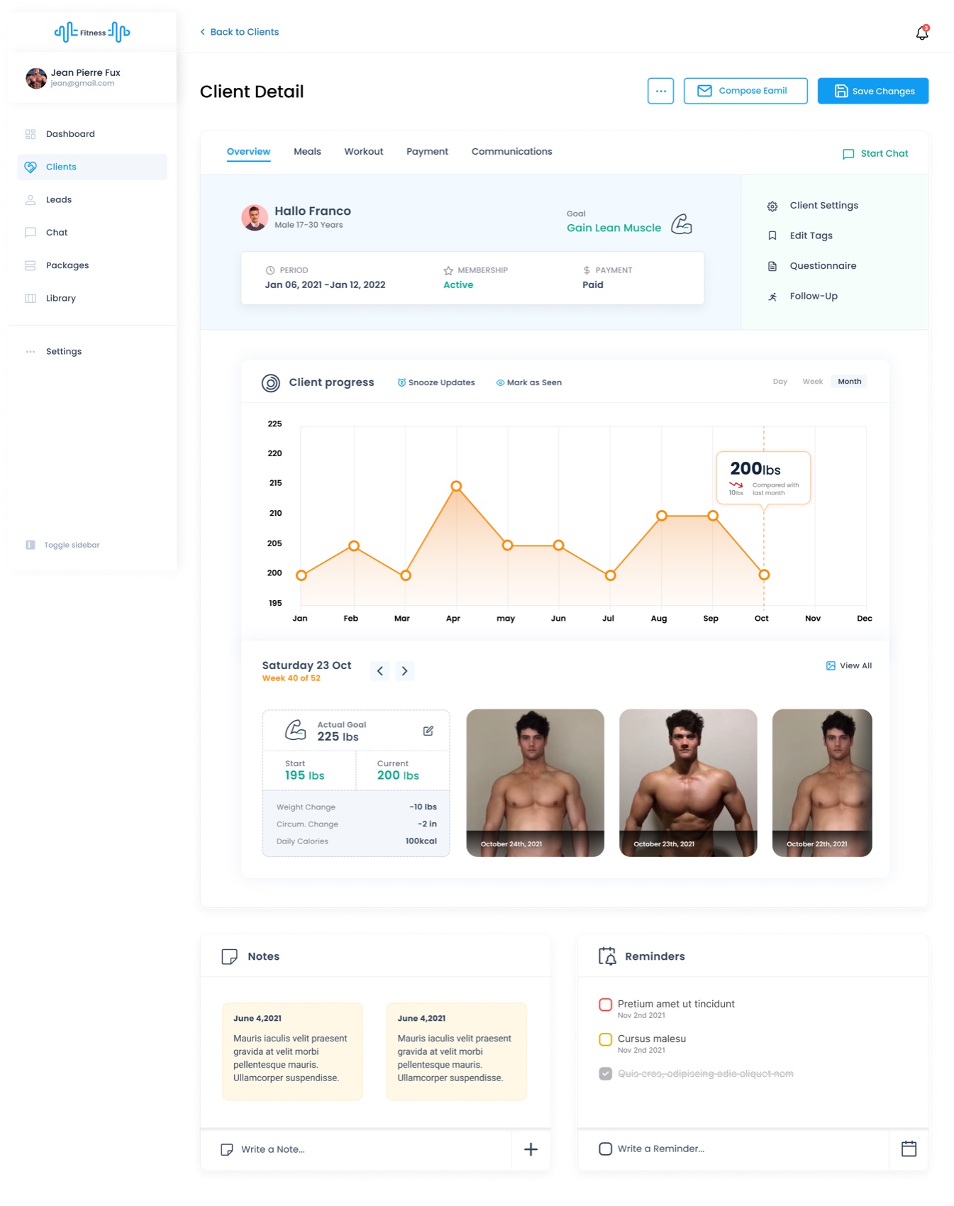 Client detail with progress chart, photos, notes and reminders