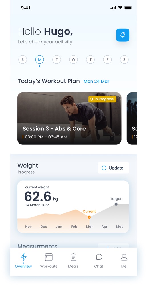 The client home screen: today's plan, weight progress, measurements