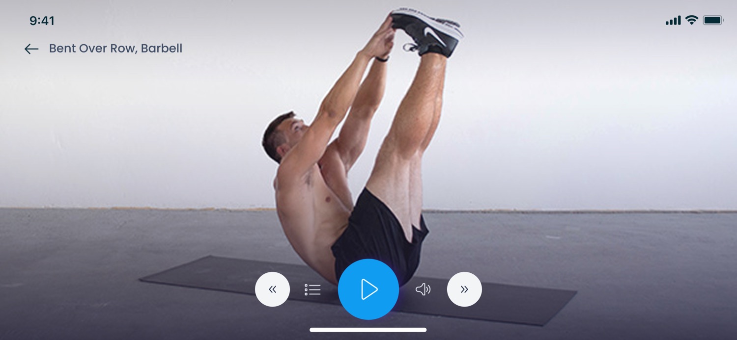 The exercise player, full screen landscape, with large circular controls along the bottom