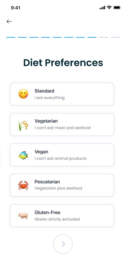 Diet preferences: standard, vegetarian, vegan, pescatarian, gluten free