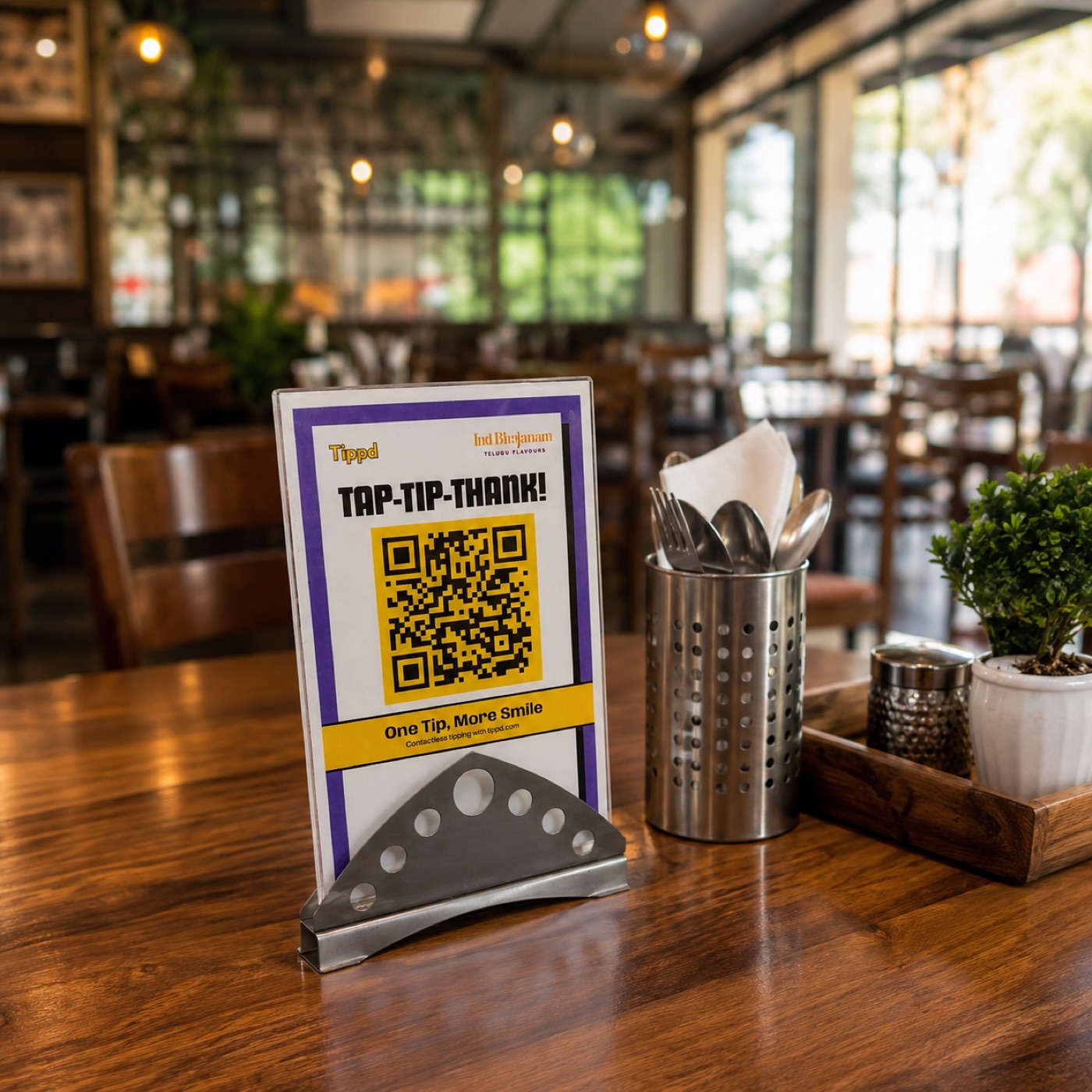 A Tippd QR stand on a restaurant table in Chennai